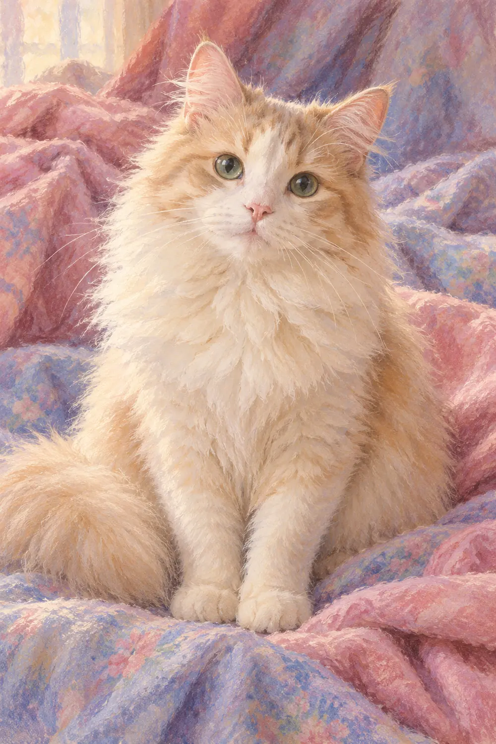 Pastel painting of one fluffy cream cat seated forward on folded dusty rose, lilac, and pale blue fabric.