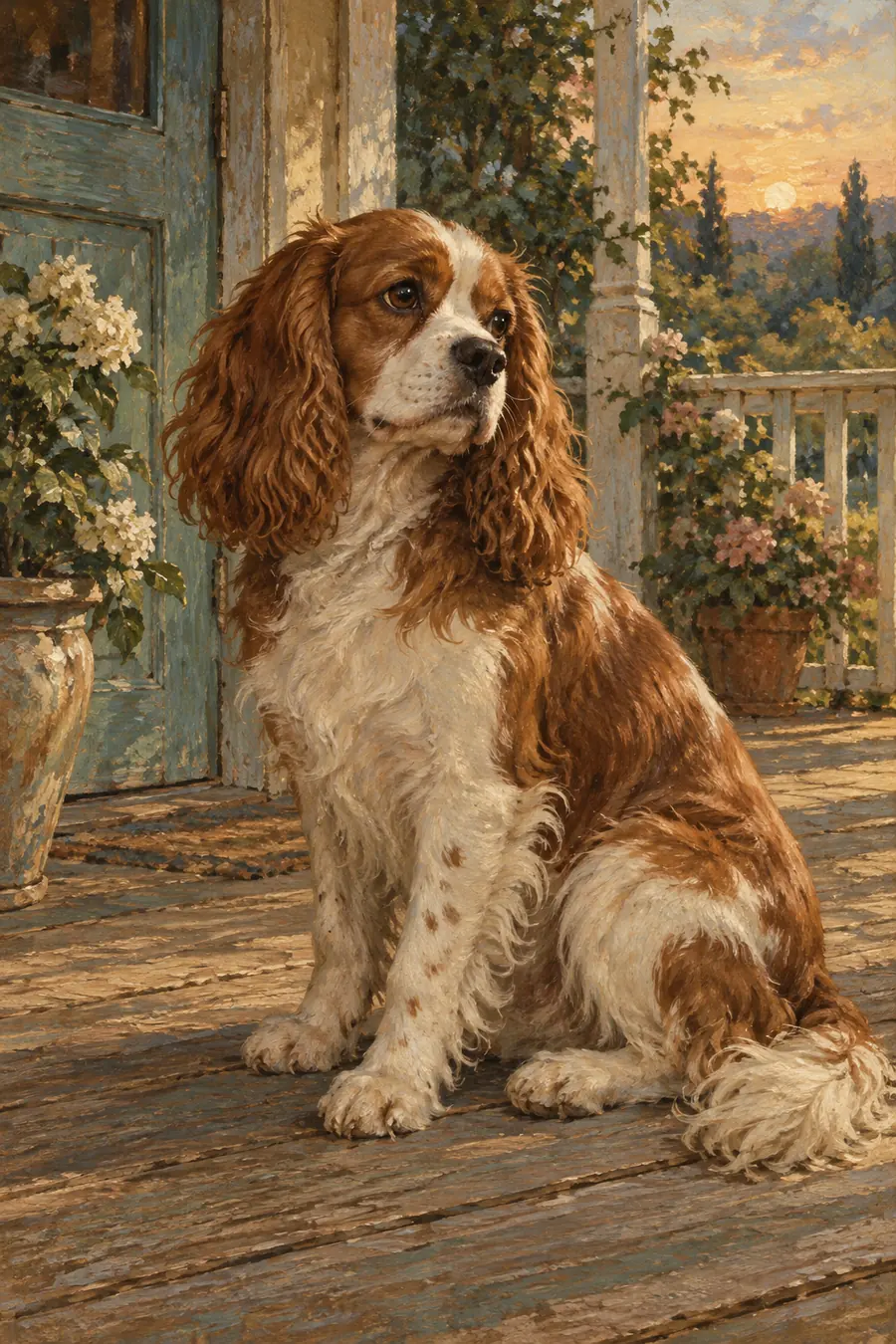 Vintage-style painting of one seated chestnut-and-cream spaniel on a wooden porch, with a faded teal door and garden in the background.