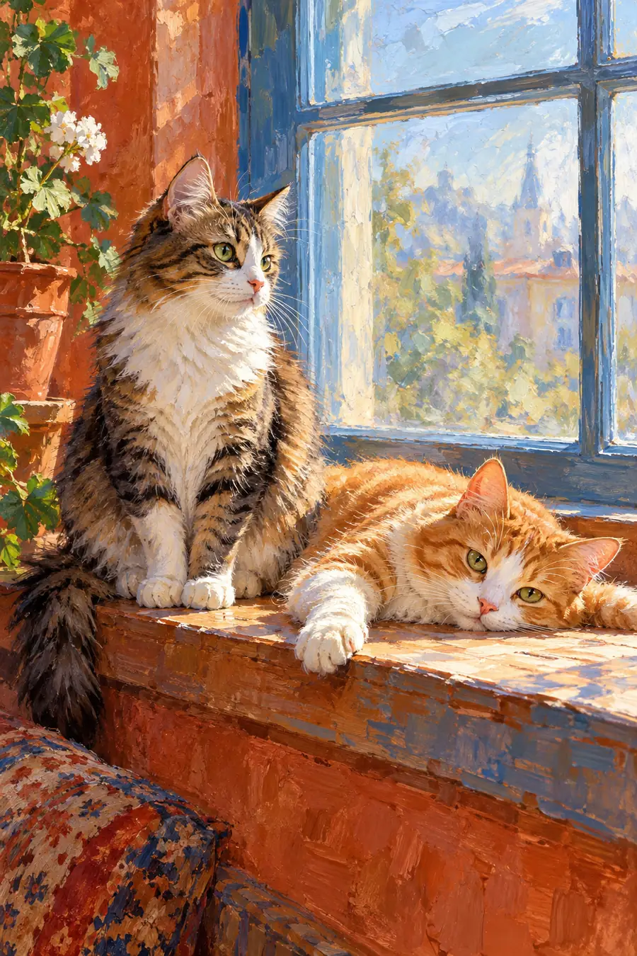 A vertical oil painting of a fluffy tabby cat sitting beside an orange-and-white cat stretched across a broad wooden window ledge. Cool blue window light contrasts with the warm terracotta interior.
