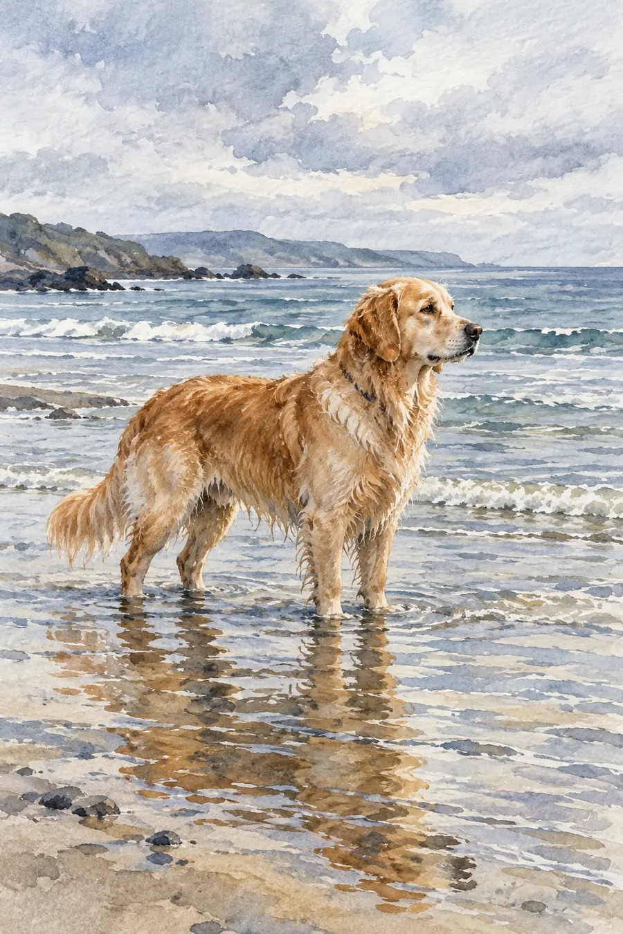 Watercolor painting of a golden dog standing in shallow coastal water with its reflection rippling below, against a muted blue-gray sea and cloudy sky.