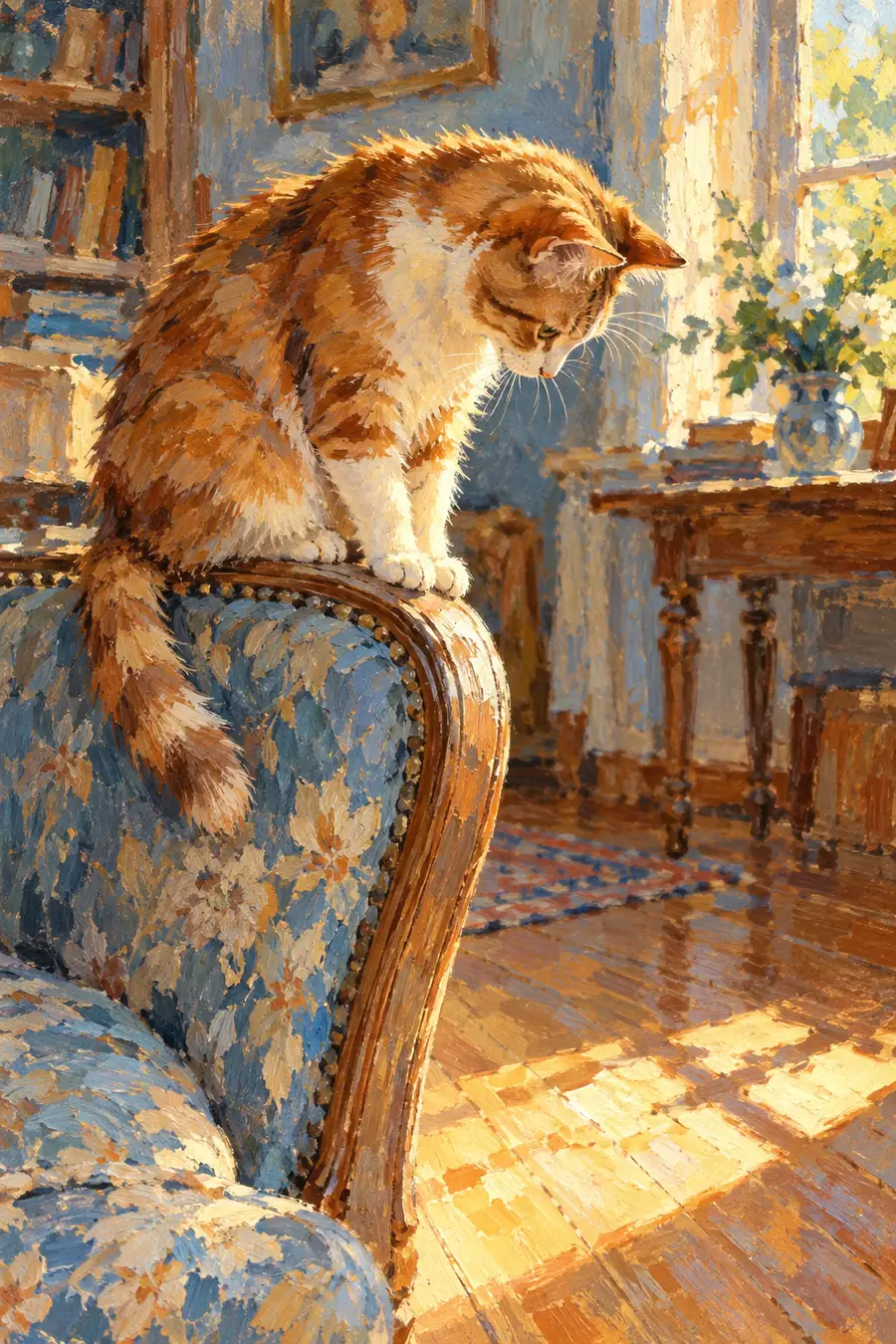 Impressionist painting of a ginger and cream cat perched on a curved blue chair back, looking down toward a sunlit floor patch.
