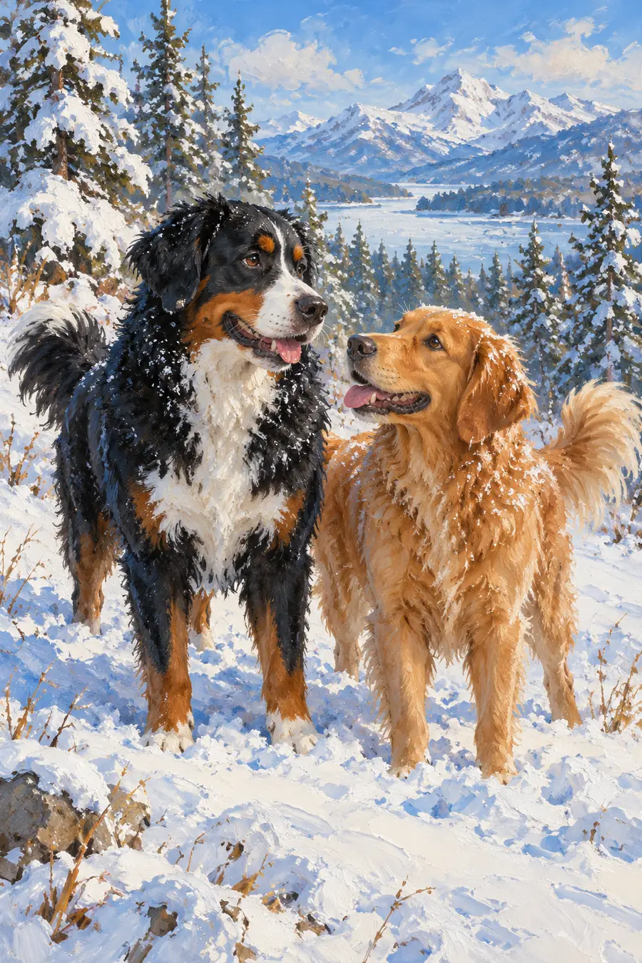 Textured acrylic painting of a black-and-rust dog and a golden dog facing each other in a snowy clearing, with evergreen trees and mountains behind them.