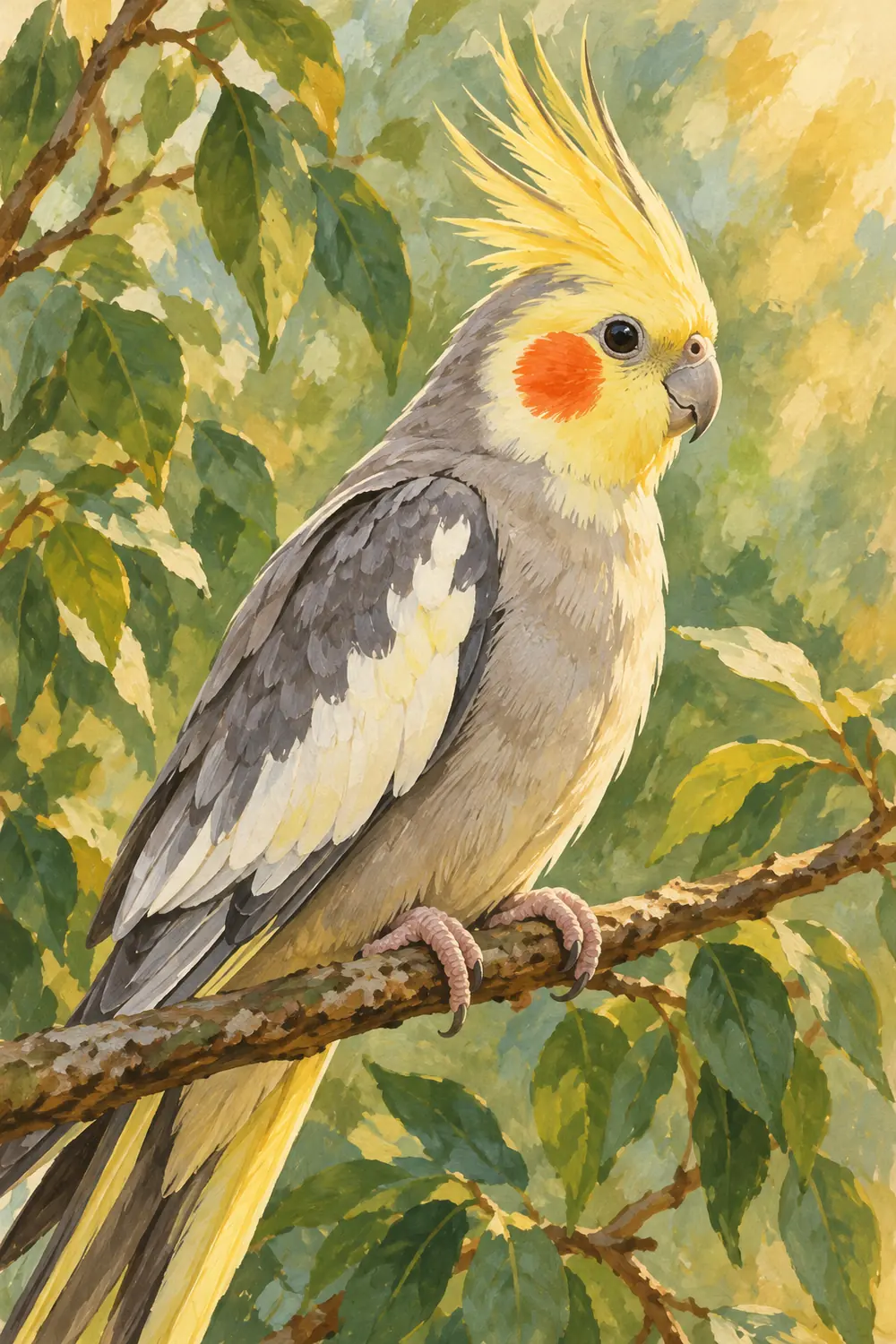 Gouache painting of one cockatiel with a raised crest perched on a branch against a softly painted green foliage background.