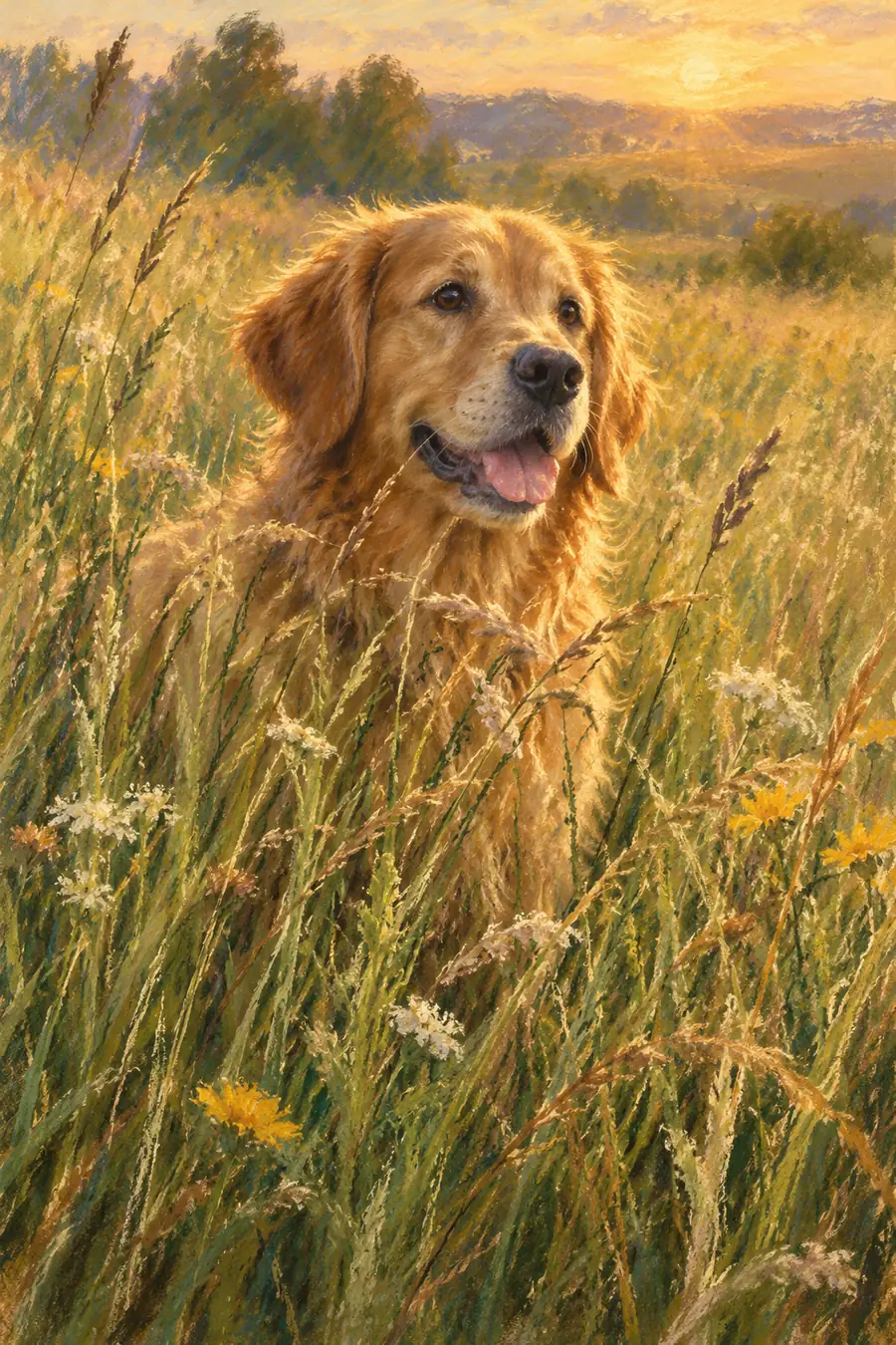 Painterly portrait of one golden brown dog standing amid tall meadow grass in warm evening light.
