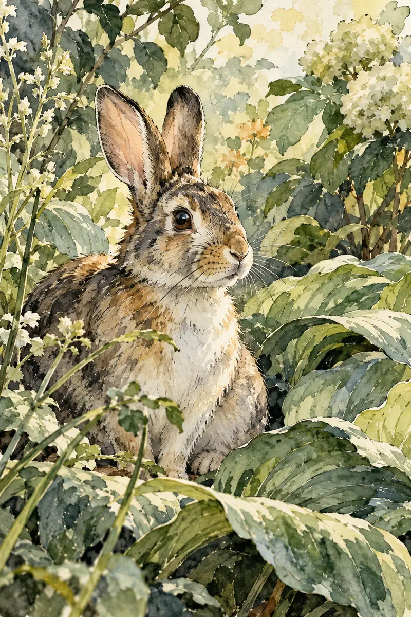 Vertical ink wash painting of one seated rabbit among layered garden leaves, with sweeping foreground stems and pale sage, charcoal, and ochre washes.