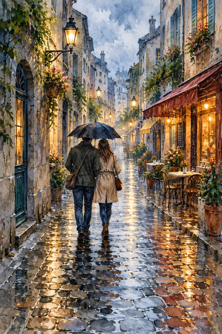 Vertical watercolor painting of two travelers beneath an umbrella on a rainy old-town café street, with glowing windows and reflective cobbles.
