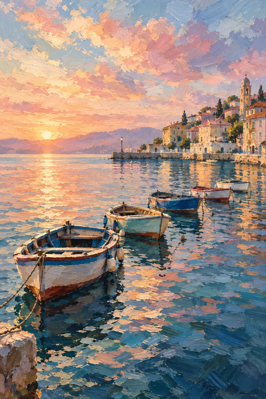Vertical oil painting of five moored boats receding across a harbor toward waterfront buildings at sunrise, with rose clouds and teal reflections.