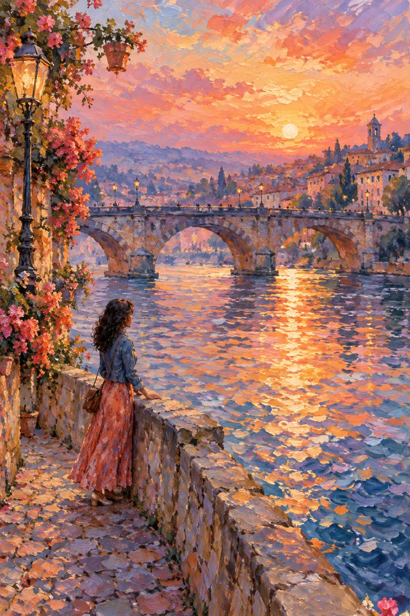 Vertical impressionist painting of a woman with dark curly hair at a stone river parapet, looking toward an arcing bridge and hazy town beneath a coral sunset.