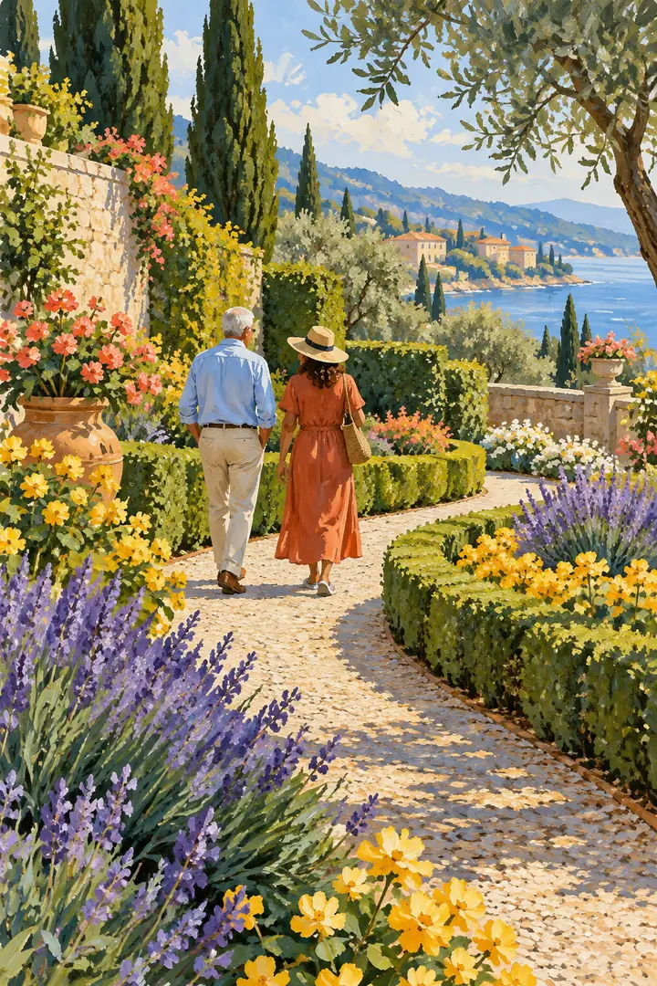 Gouache-style painting of two visitors walking along a curved garden path between colorful flower beds and clipped hedges, with a lake and village in the distance.