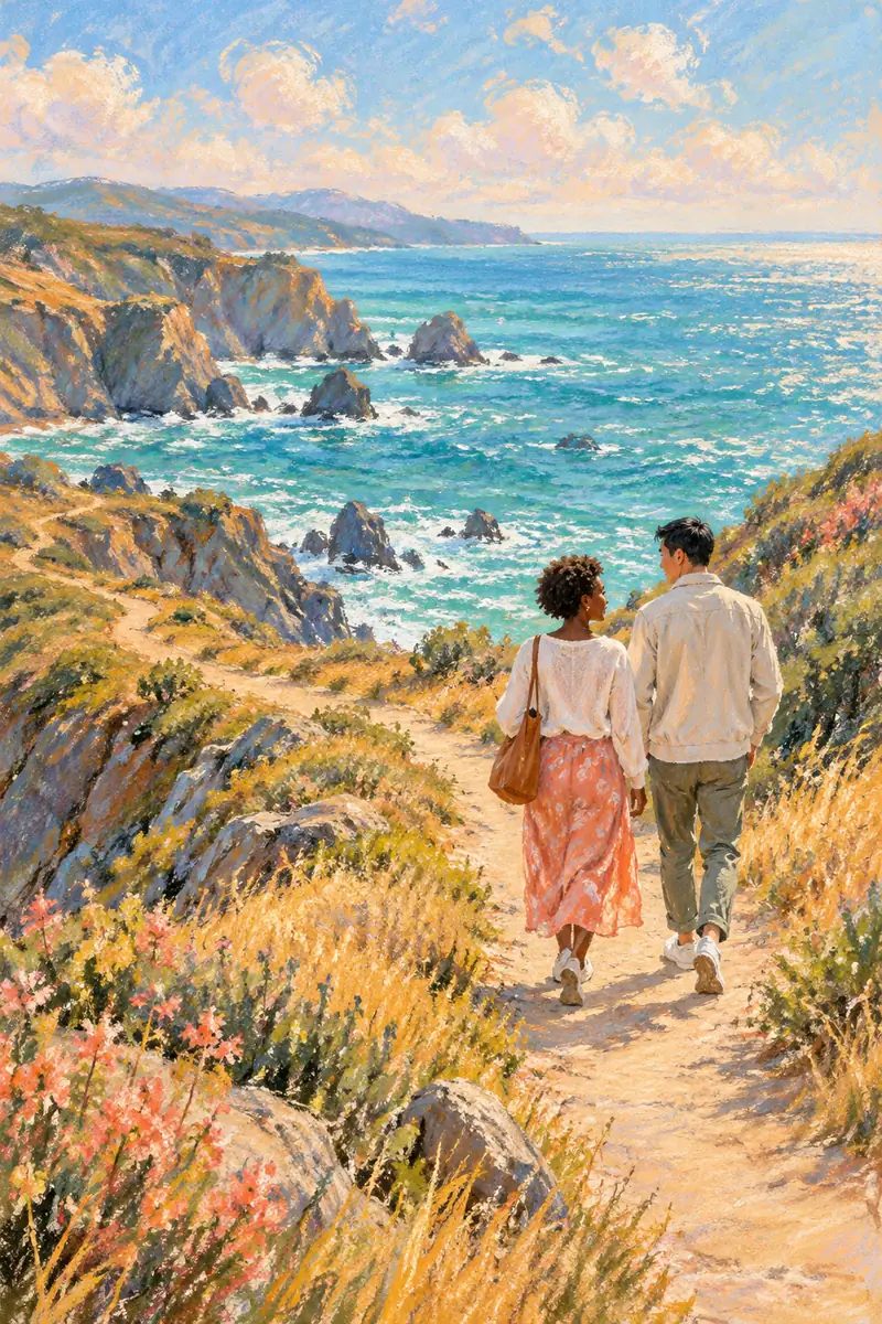 Vertical pastel painting of two adults walking along a curving coastal bluff path, with ochre grasses, coral flowers, cliffs, and a bright teal sea.