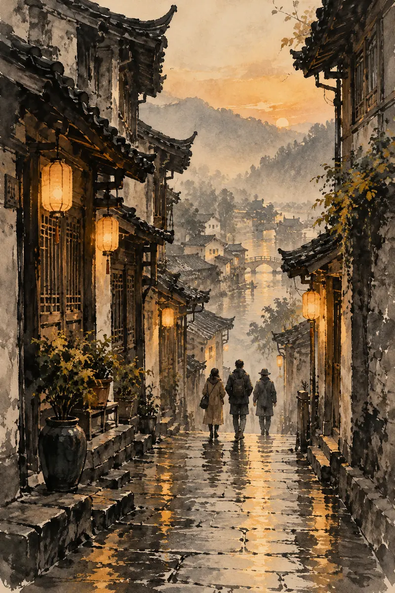 Vertical ink wash painting of a lantern-lit narrow street at dusk, framed by dark layered eaves, with three small adults walking toward a misty distant town.