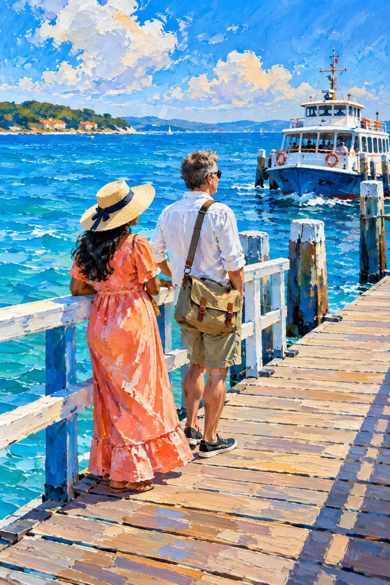 Vertical acrylic painting of two travelers from behind on a wooden pier, facing a white ferry on vivid blue water beneath a cloud-filled sky.