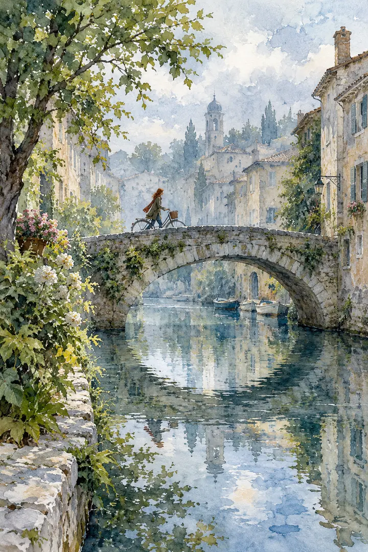 Vertical watercolor painting of a low stone footbridge over a reflective canal, with one auburn-haired adult walking a bicycle across; leafy branches frame misty buildings.