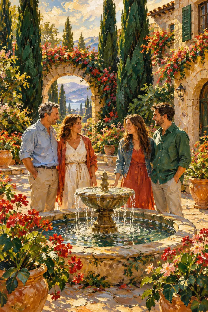Oil painting of four adult family members gathered around a fountain in a flower-filled courtyard framed by cypress trees.