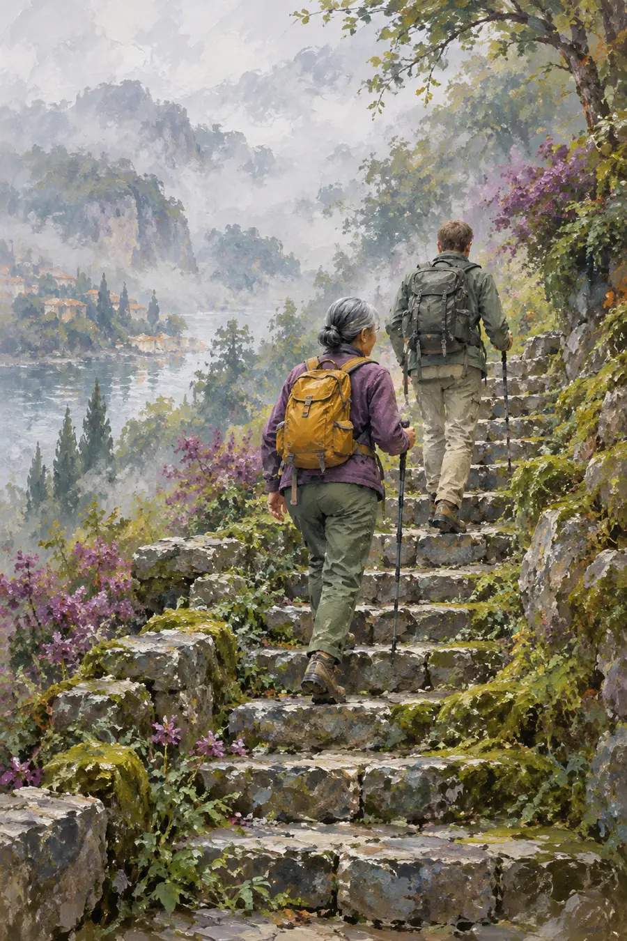 Vertical impressionist painting of two hikers climbing stone steps through a misty, flowered hillside, with a distant valley and village.