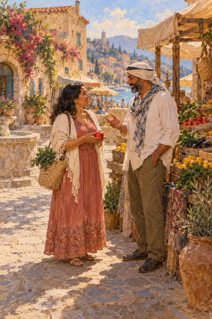 Vertical vintage-style painting of two adults talking beside a produce stall in a sunlit market square, with flowering buildings and a distant harbor.