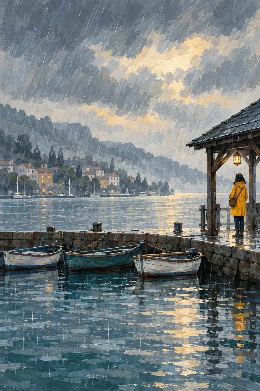 Vertical gouache painting of a rainy harbor, with three skiffs along a stone quay and one adult in a yellow raincoat beneath a timber shelter on the right.