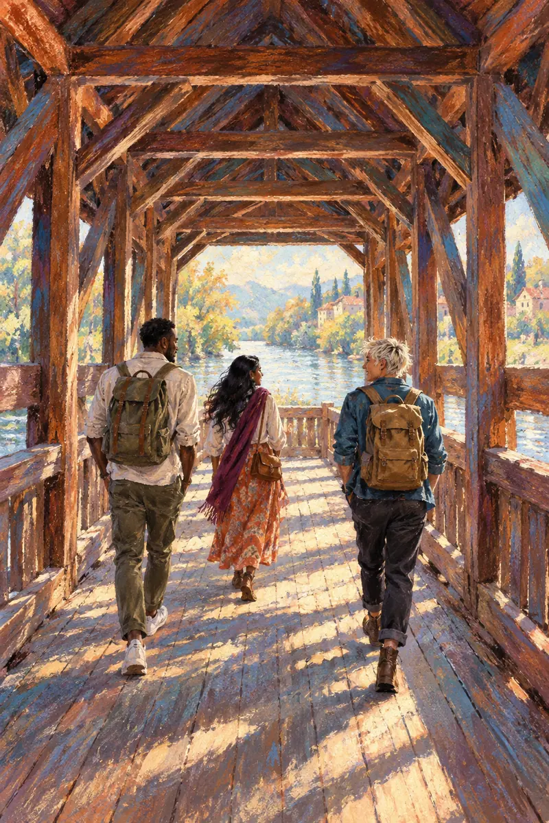Vertical pastel painting inside a timber covered bridge, where three adult friends walk toward a sunlit riverbank exit.