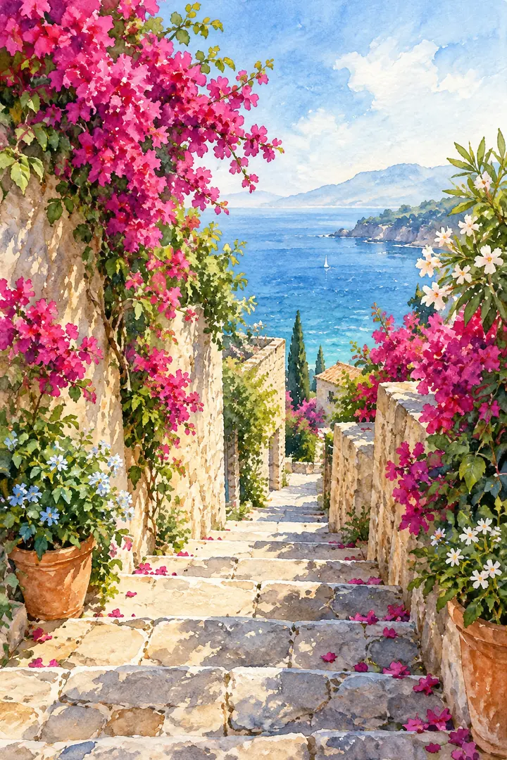 Watercolor painting of flower-lined stone steps descending toward a distant blue sea.