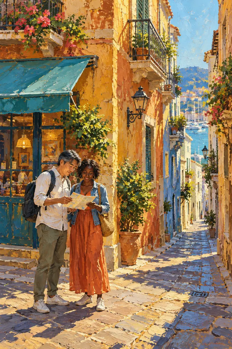 Vertical acrylic painting of two adult travelers studying a folded map on a sunlit old-town street, with ochre balconies, a turquoise storefront awning, and a cool lane leading toward a distant harbor.