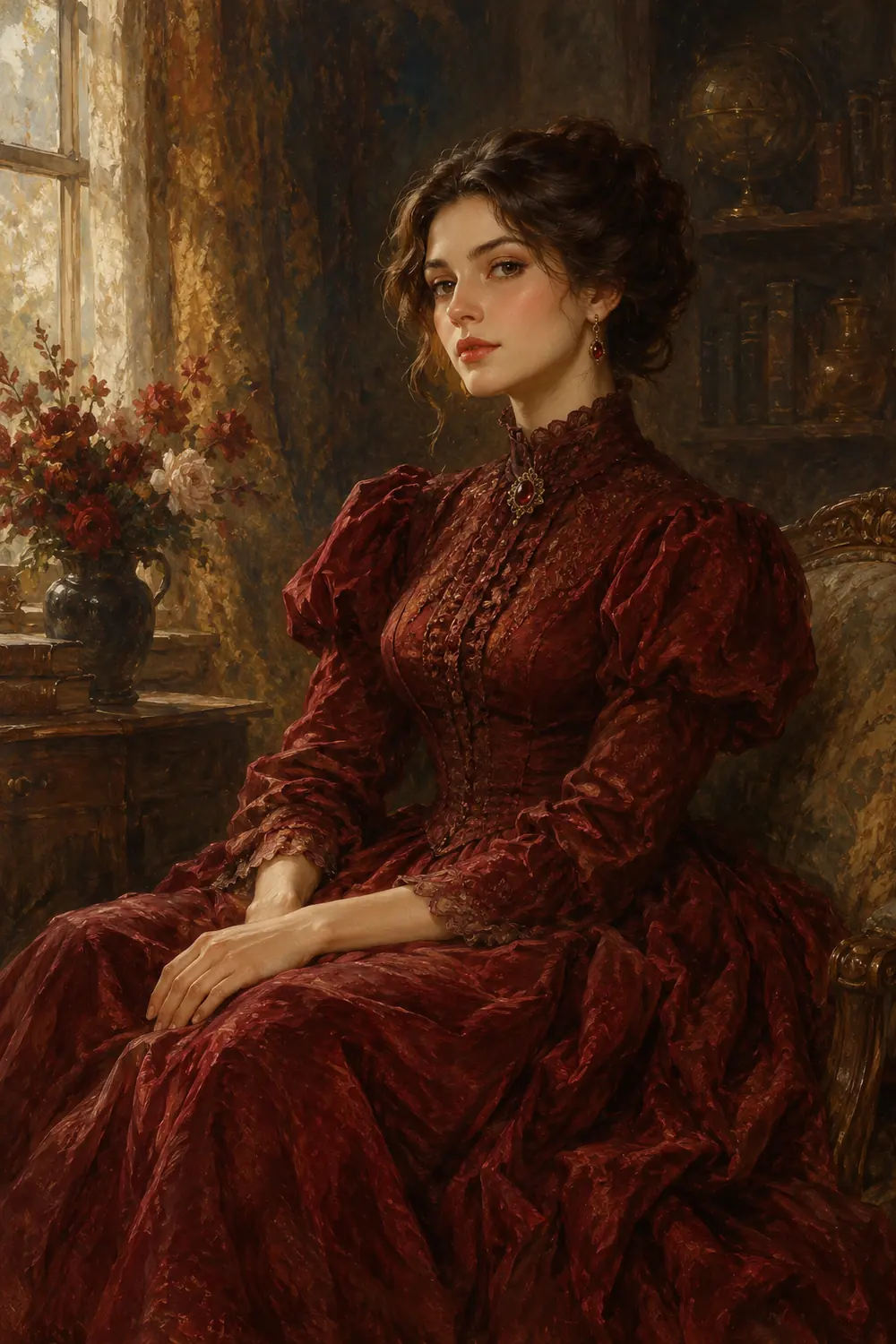Vintage-style oil painting of a seated woman in a deep red gown, softly lit by a window in a shadowed study.