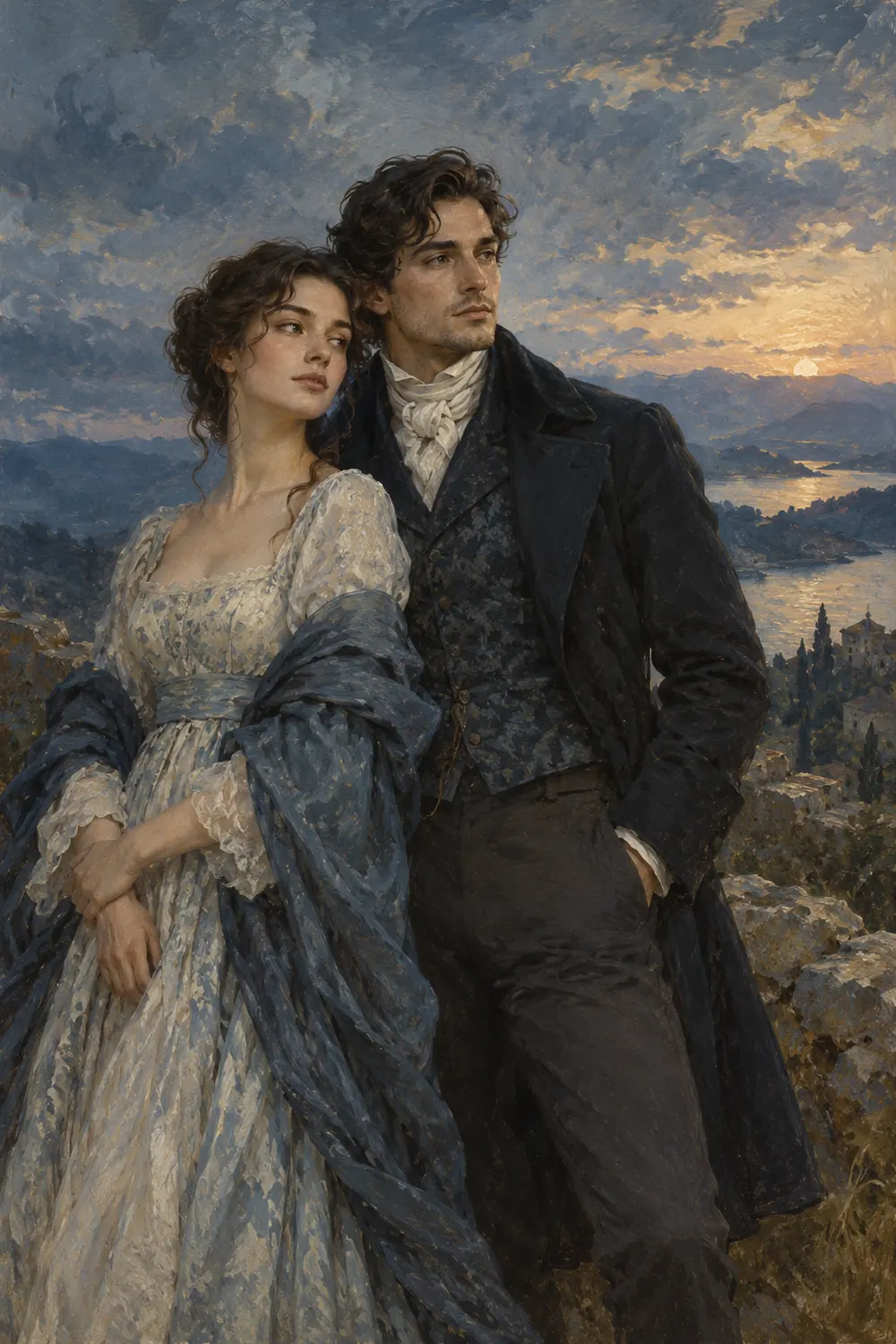 Oil painting of a woman in a pale gown and a man in a dark formal coat standing together against a blue-gray dusk landscape.