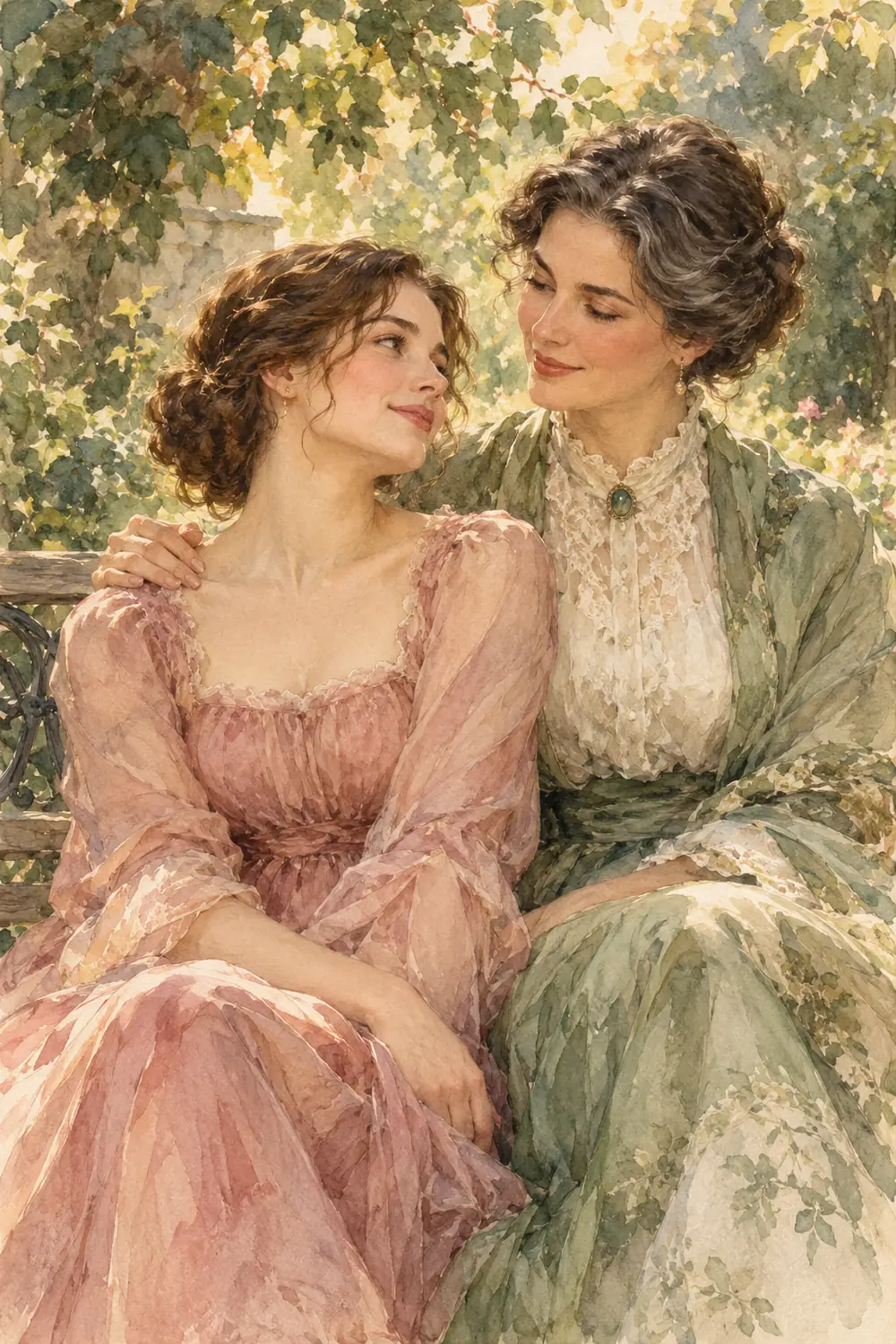 Watercolor painting of an adult mother and daughter seated together on a garden bench beneath leafy branches, wearing rose and sage period-inspired clothing.