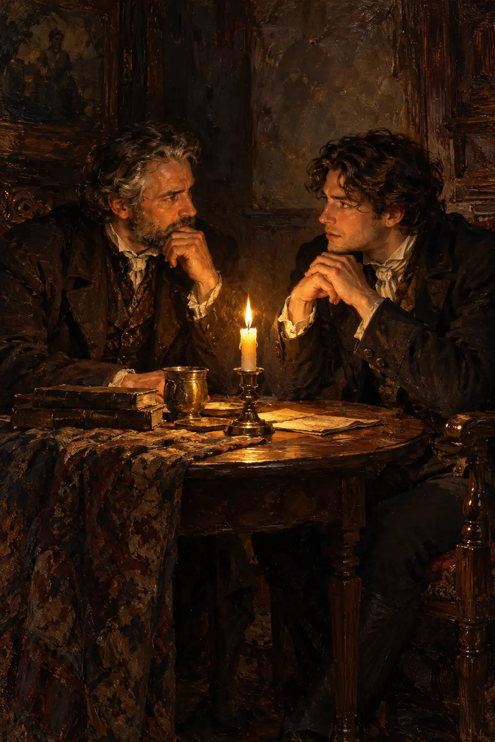 Oil painting of two adult men in dark period-inspired coats seated across a table with a candle between them in a shadowy interior.