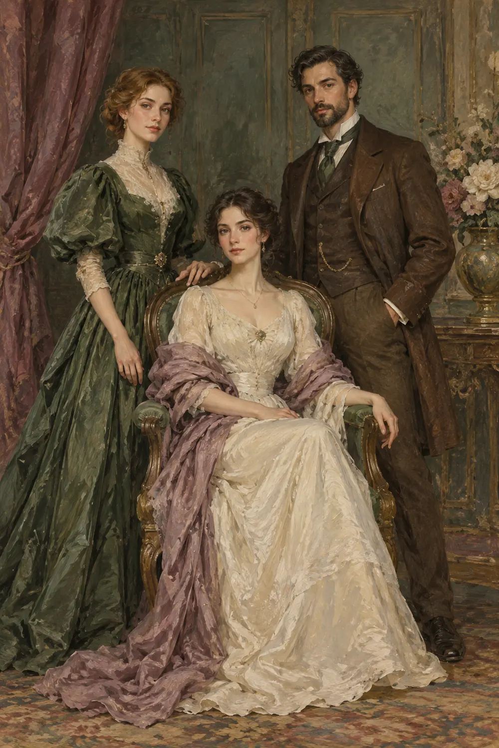 Vertical vintage-style painted portrait of two women and a man in period-inspired clothing, posed around a seated woman in a moss green parlor.