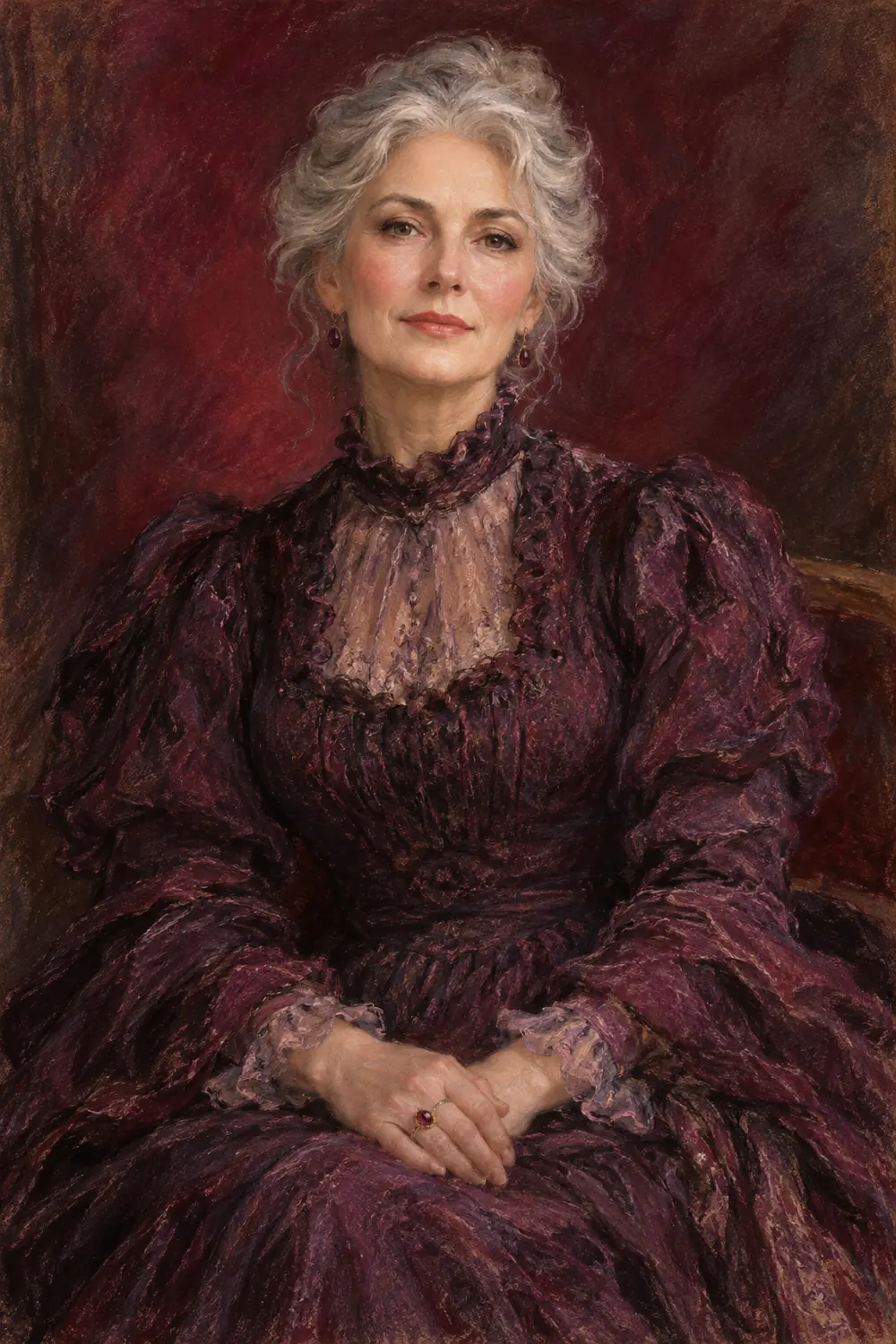 Painterly portrait of a silver-haired woman in a dark plum dress, seated with folded hands against a burgundy backdrop.