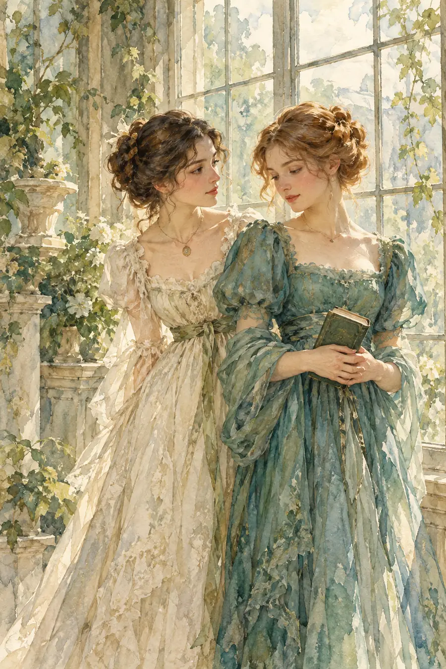 Watercolor painting of two adult sisters in ivory and muted teal dresses standing by a bright conservatory window; one holds a closed book.