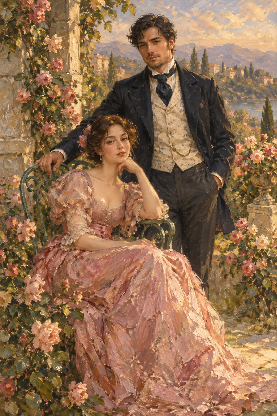 Impressionist-style oil painting of a woman in a pink gown seated in a garden chair beside a man in a dark formal suit, surrounded by roses in warm afternoon light.