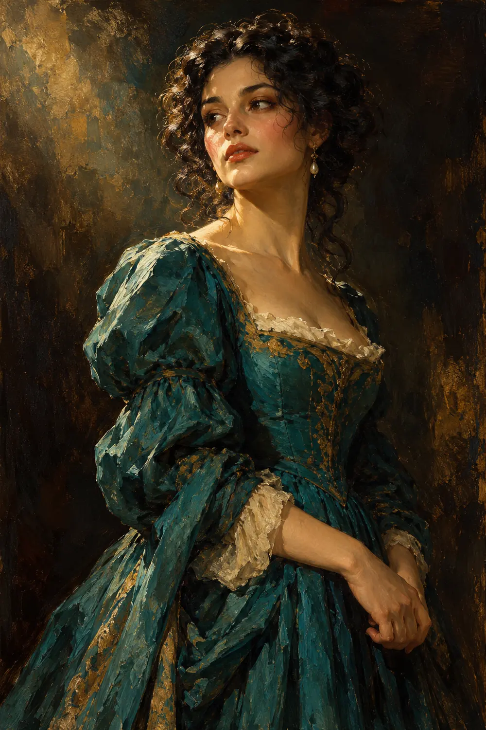 Vertical acrylic painting of a dark-curly-haired woman in a teal period-inspired dress, turned toward warm side light against a textured dark backdrop.