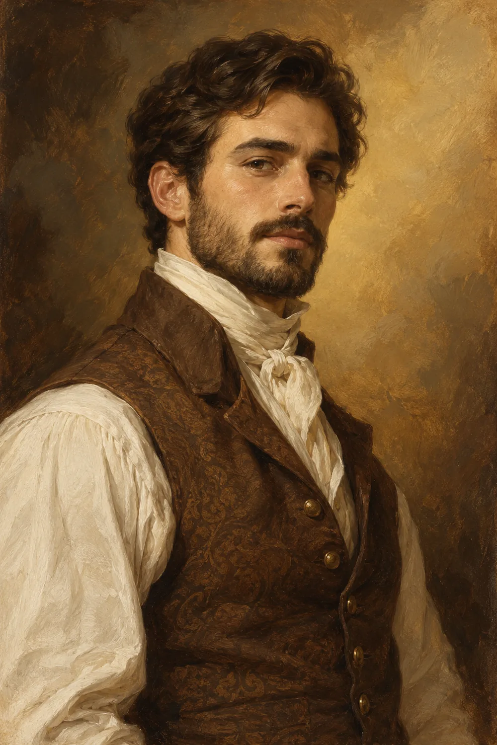 Vertical oil painting of a dark-haired, bearded man in a brown waistcoat and cream shirt against a softly blended ochre backdrop.