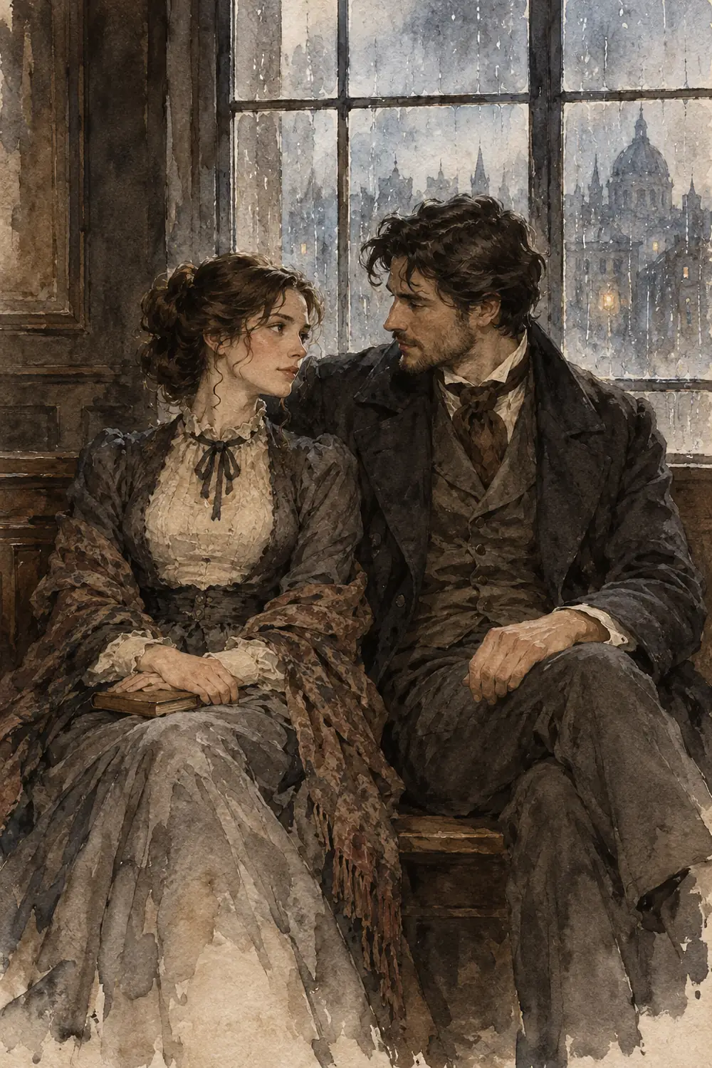 Textured sepia and charcoal ink wash painting of a seated woman and man in period-inspired clothing, turned toward each other beside a rain-streaked window.