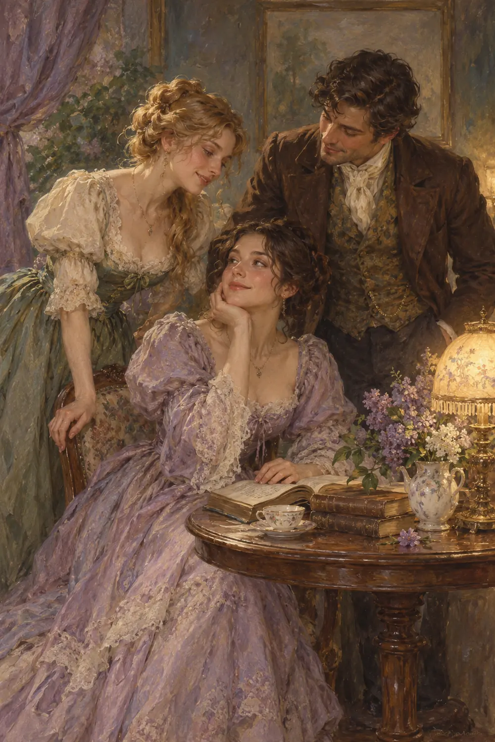 Classical-style painting of two women and a man gathered around a small table in a parlor, with one woman seated and warm lamplight at the right.
