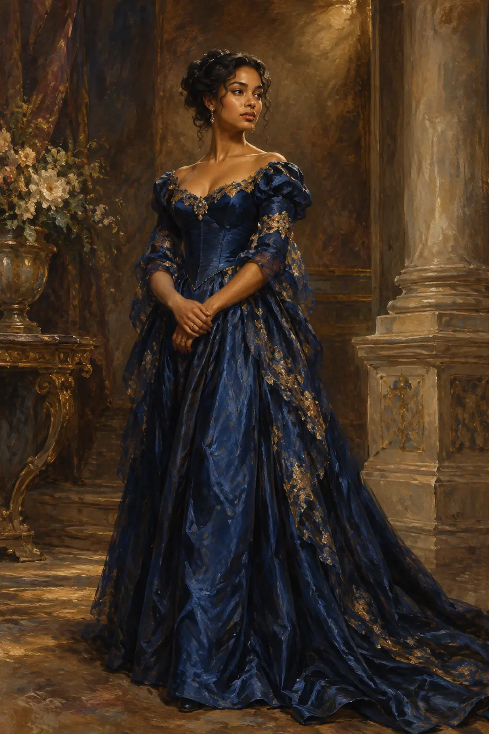 Vertical oil painting of a fictional adult woman with pinned dark hair in a deep blue and gold gown, standing with clasped hands beside a classical column against a warm brown interior.