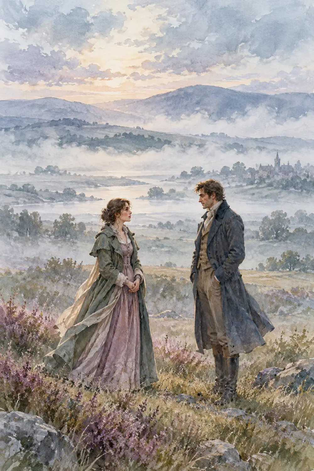 Watercolor painting of a woman and man in long coats facing each other in a misty field, with distant hills beneath a pale morning sky.