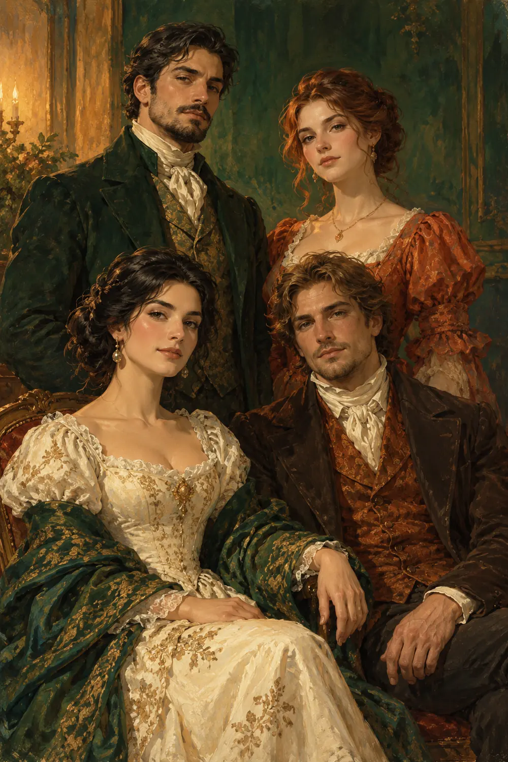 Vertical painted portrait of two seated adults in front of two standing adults, dressed in cream, green, and rust period-inspired clothing against a deep green backdrop.
