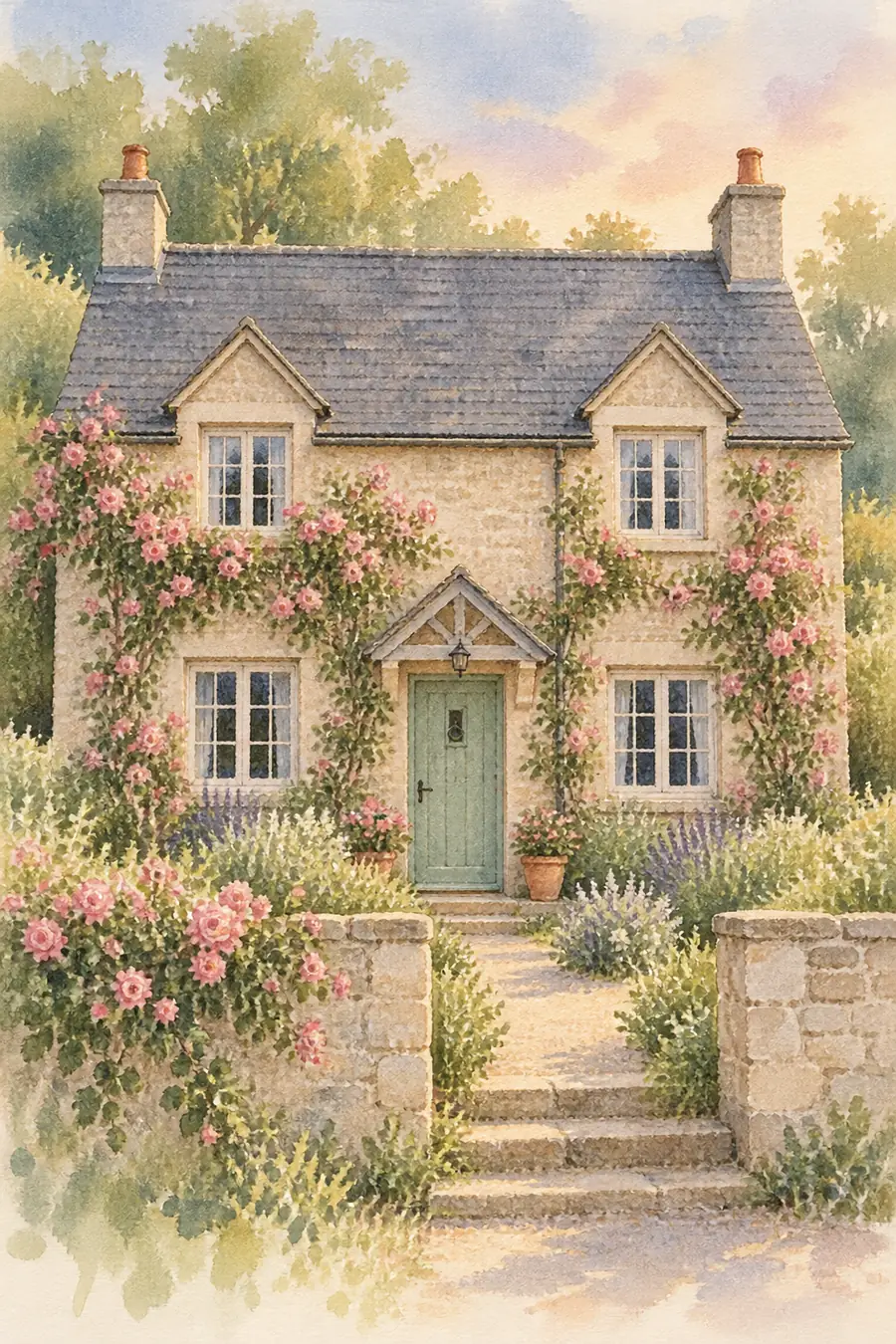 Vertical watercolor painting of a pale two-story stone cottage with a complete slate roof, visible front facade, and pink climbing roses along the walls.