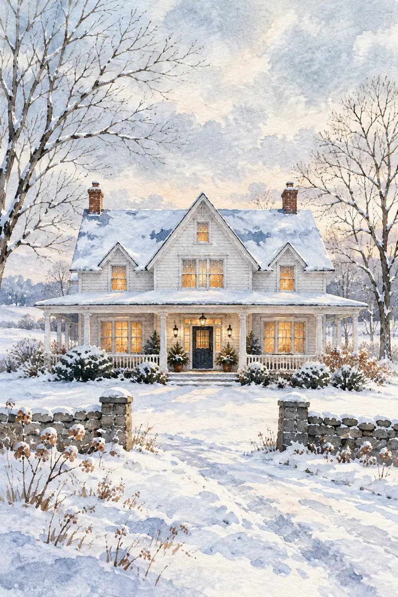 Watercolor painting of a broad snowy farmhouse with a complete roof and front facade, bare trees at the edges, blue-gray snow shadows, and glowing amber windows.