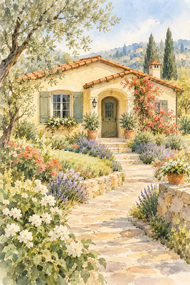 Watercolor painting of a stucco cottage with a complete tiled roof beyond a curved flower-lined garden path.