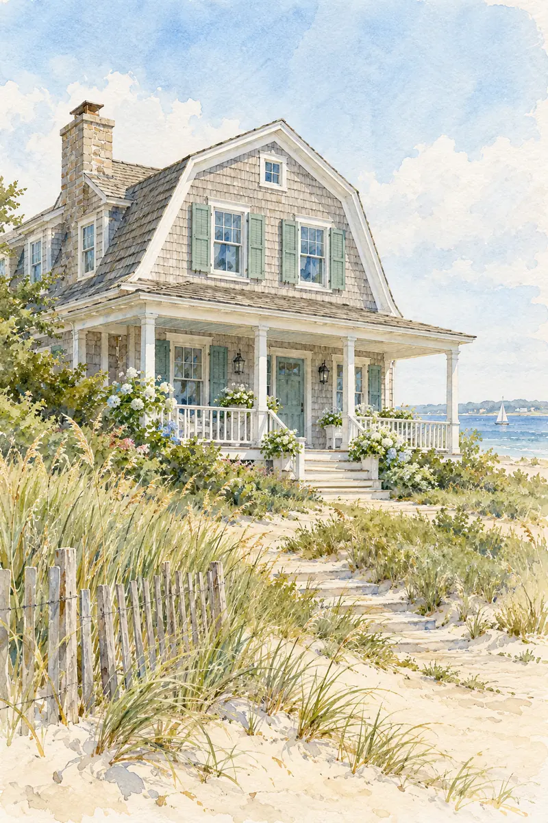 Vertical watercolor painting of a coastal shingle house with a complete gambrel roof, full porch, dune grasses, and distant blue water beneath a pale sky.