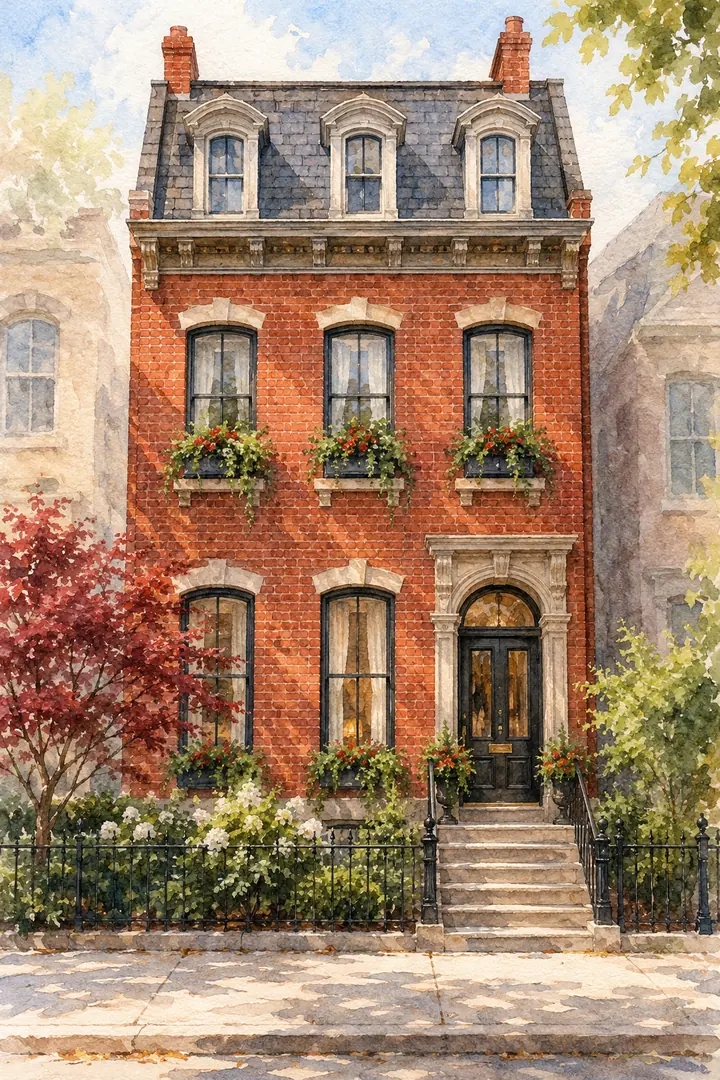 Watercolor painting of a three-story red-brick row home with a full slate roof, chimneys, tall windows, window boxes, and a garden, framed by pale neighboring buildings.