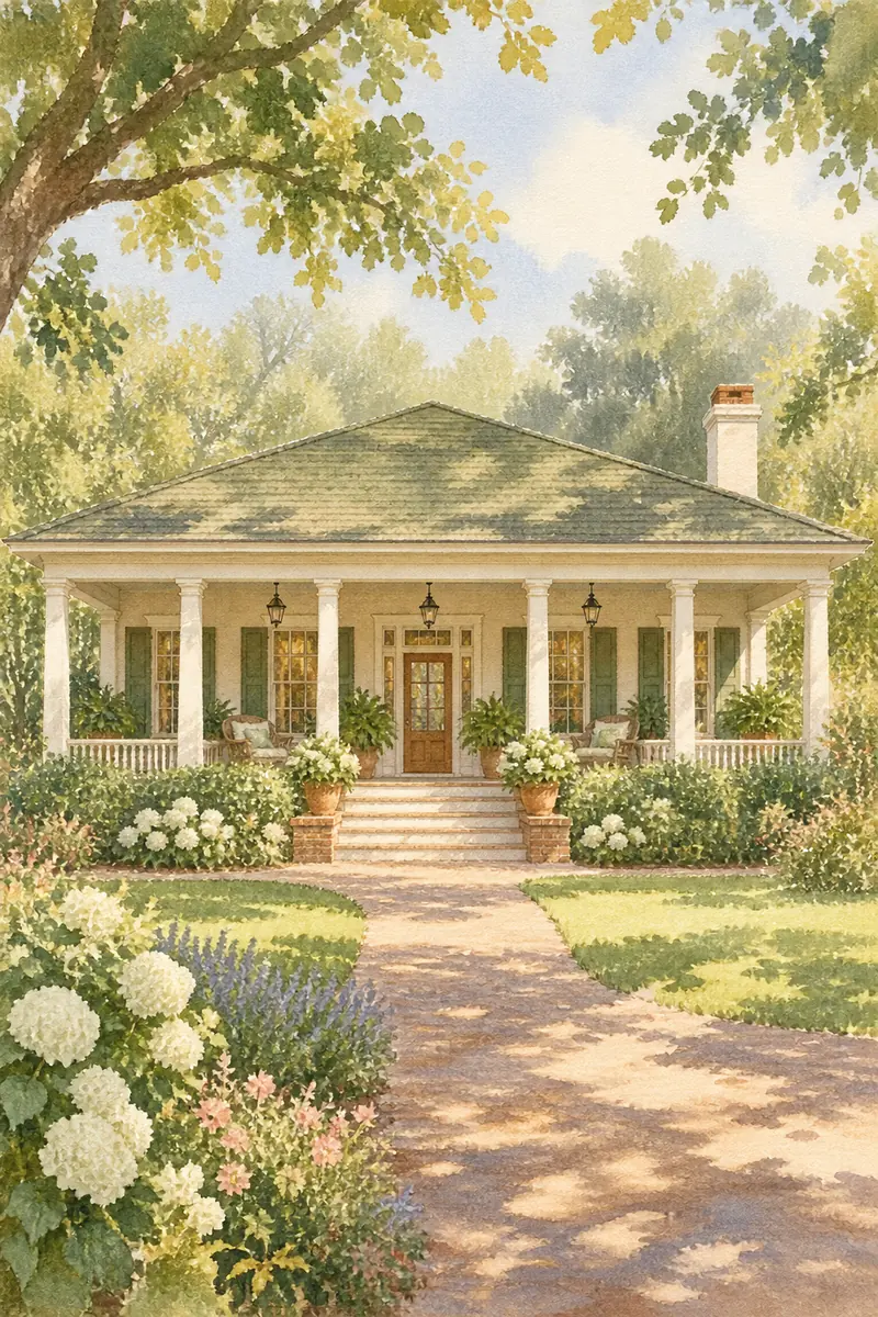 Vertical watercolor painting of a single-story veranda home with its full roof and columned facade, framed by leafy trees, garden flowers, and a dappled path.