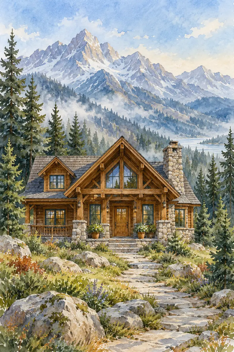 Vertical watercolor painting of a timber mountain cabin with its complete pitched roof and front facade, a stone path, pines, and pale blue-gray mountains.
