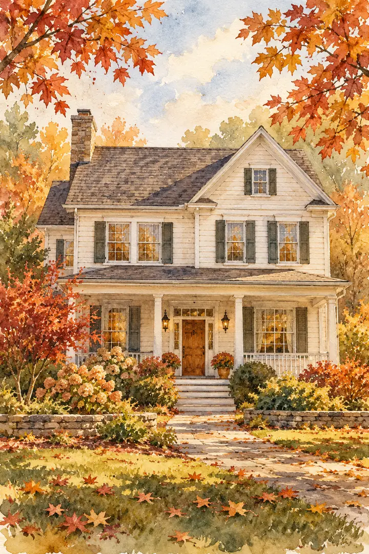 Vertical watercolor painting of a pale two-story clapboard house with a full roof and facade, framed by rust and gold autumn maples and a garden path.