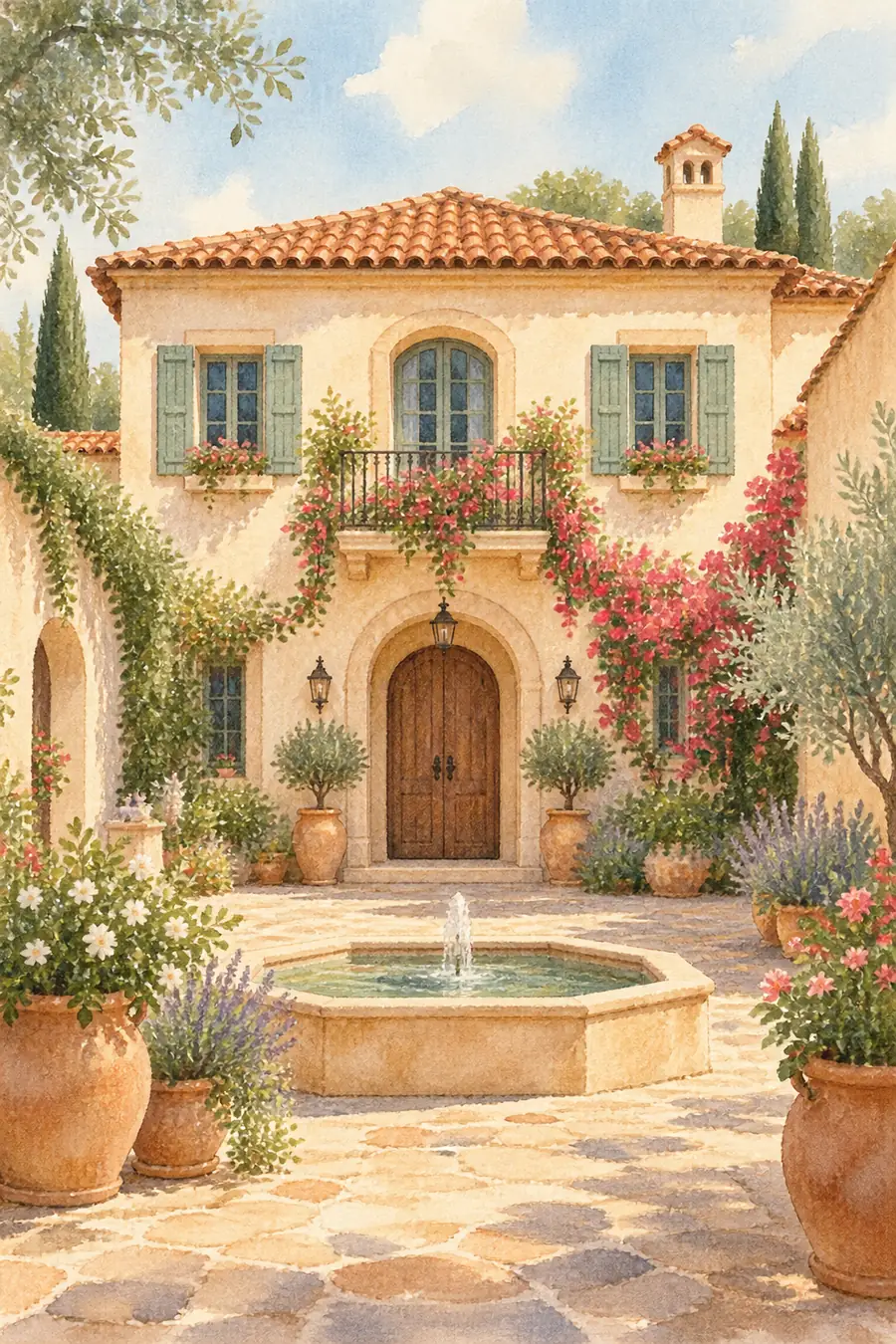Vertical watercolor painting of a Mediterranean courtyard home with a full tiled roof, aqua shutters, flowering vines, potted plants, and a low fountain in the foreground.
