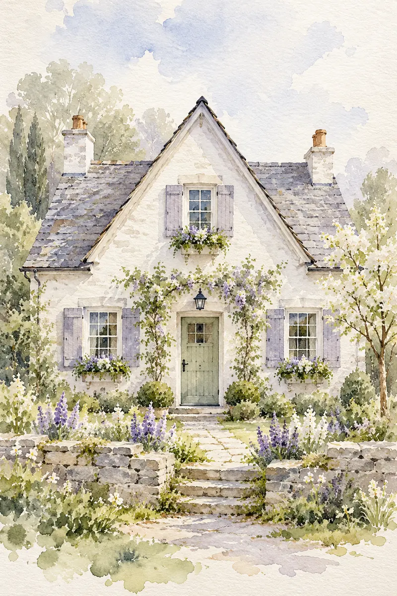 Vertical watercolor painting of a white gabled cottage with a full steep roof and facade, lavender-gray shutters, soft green garden foliage, spring flowers, and a low stone wall.