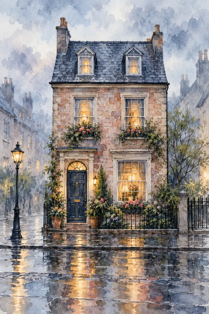 Vertical watercolor painting of a narrow rose-gray townhouse with a complete slate roof, glowing amber windows, pale neighboring buildings, and watery street reflections.